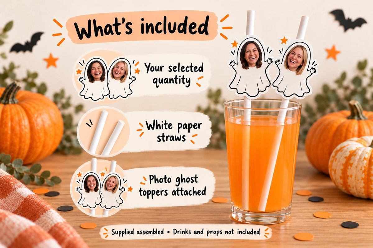 Personalised Halloween Ghost Photo Straws | Custom Face Drink Toppers