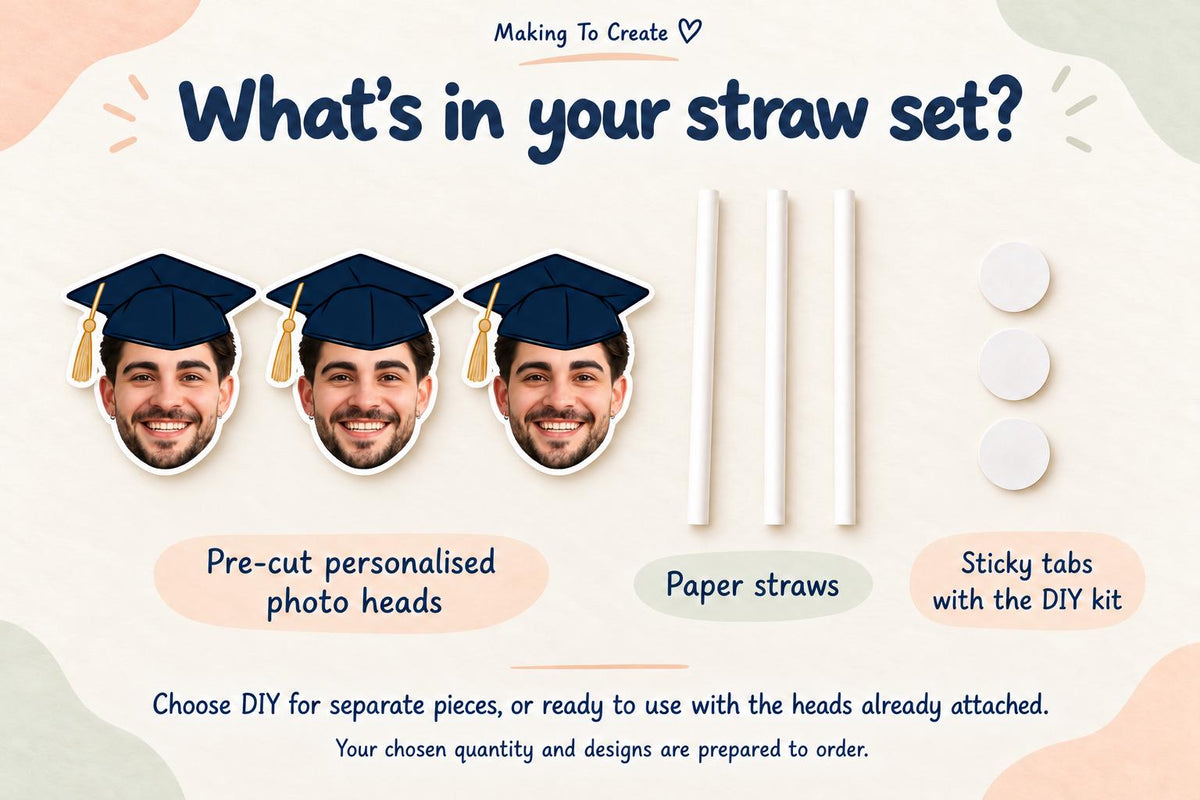 Graduation Party Straws – Personalised Graduate Face Drink Decorations – Custom Class of 2025 Party Supplies – Funny Graduation Favours