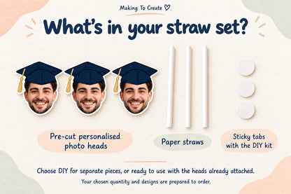 Graduation Party Straws – Personalised Graduate Face Drink Decorations – Custom Class of 2025 Party Supplies – Funny Graduation Favours