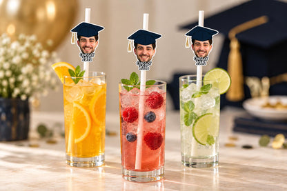 Graduation Party Straws – Personalised Graduate Face Drink Decorations – Custom Class of 2025 Party Supplies – Funny Graduation Favours