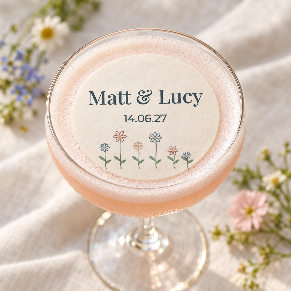 Personalised Wildflower Wedding Cocktail Toppers | Edible Wafer Decorations
