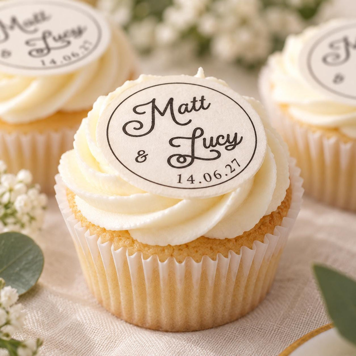 Personalised Wedding Cupcake Toppers | Edible Wafer Circles