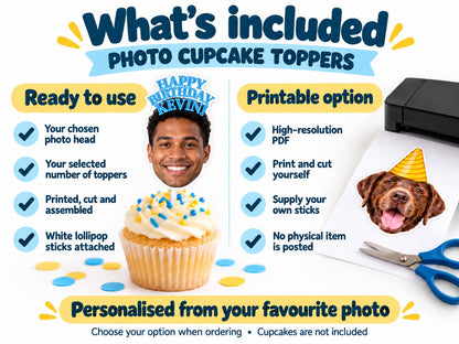 Personalised First Birthday Photo Cupcake | Toppers, Baby Face Party Decorations on White Sticks