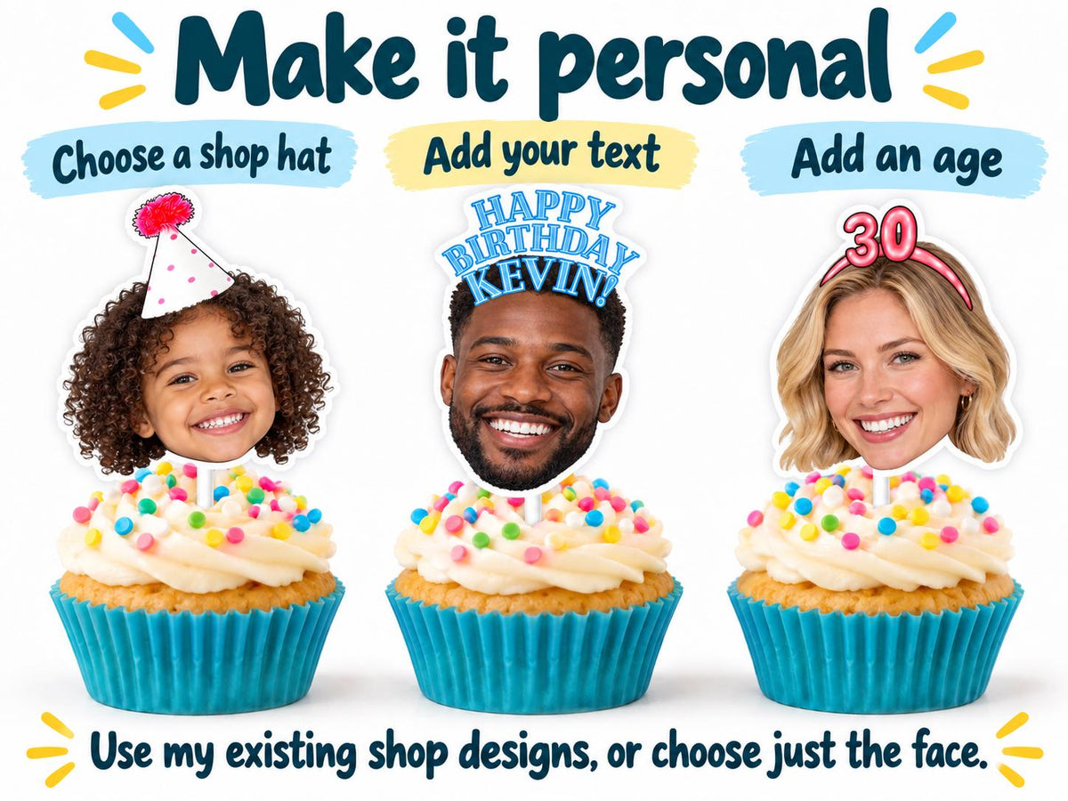 Personalised Hen Party Photo Cupcake Toppers | Bride Face Decorations on White Lollipop Sticks