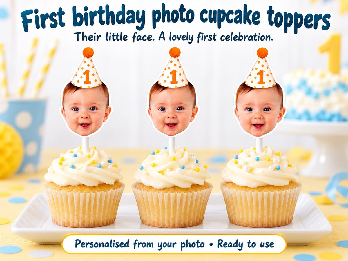 Personalised First Birthday Photo Cupcake | Toppers, Baby Face Party Decorations on White Sticks