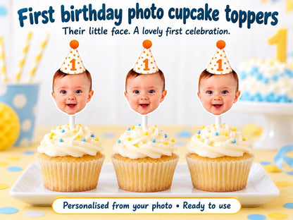 Personalised First Birthday Photo Cupcake | Toppers, Baby Face Party Decorations on White Sticks