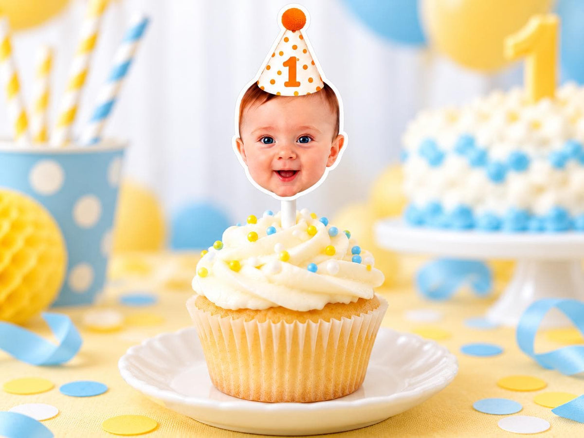 Personalised First Birthday Photo Cupcake | Toppers, Baby Face Party Decorations on White Sticks