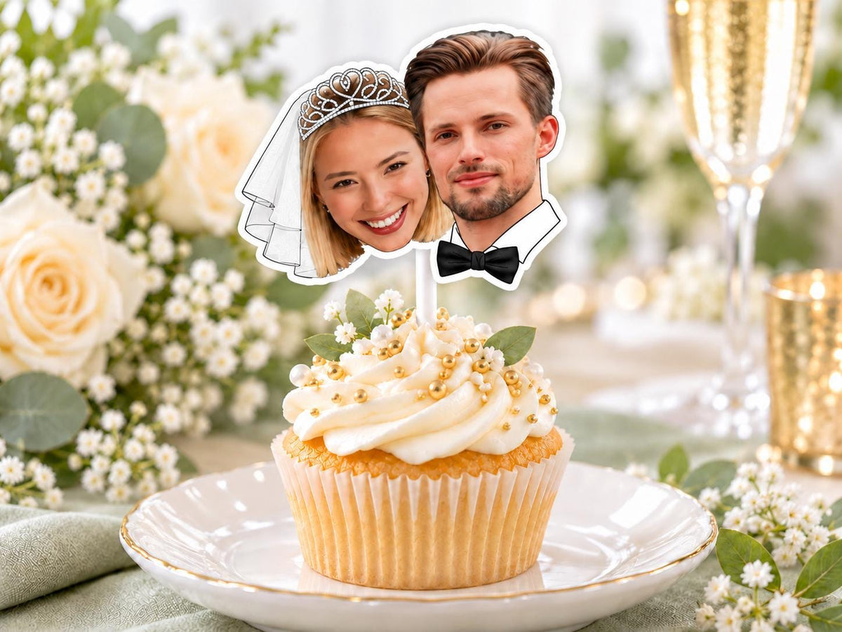 Personalised Hen Party Photo Cupcake Toppers | Bride Face Decorations on White Lollipop Sticks