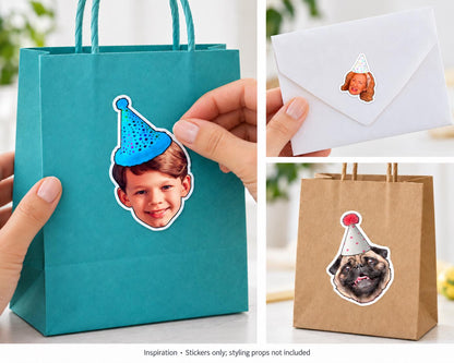 Personalised Christmas Photo Stickers | Santa Hat Face Gift Labels for Family and Pet Presents