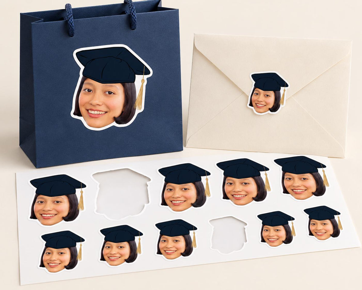 Personalised Graduation Photo Stickers | Custom Face Stickers, Graduate Favour Bag Labels & Envelope Seals