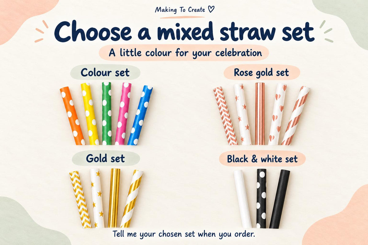Four mixed paper straw sets: Colour set, Rose gold set, Gold set and Black and white set.