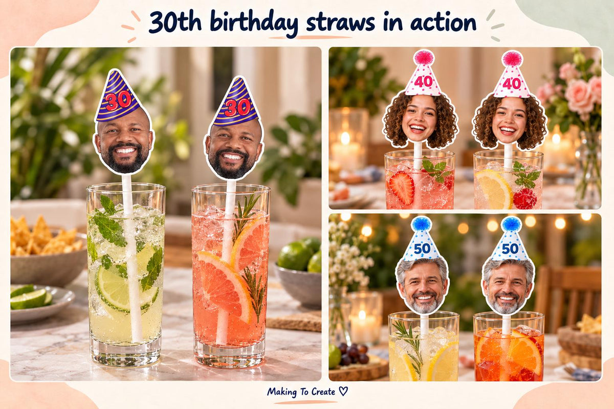 Three styled 30th birthday photo straw examples in tall drinks glasses, displayed on a cream and muted peach gallery page.