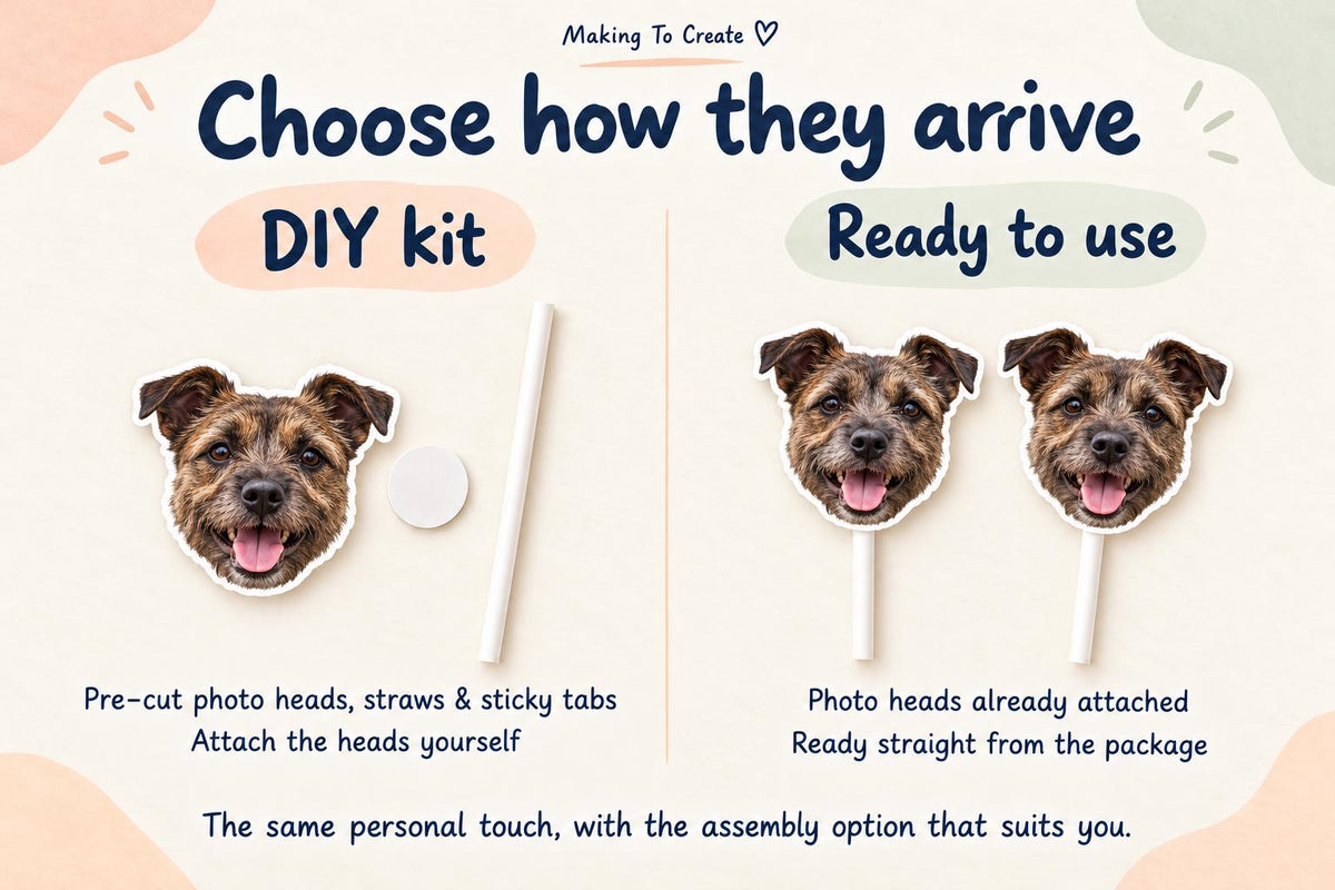 DIY kit with a loose photo head, white straw and adhesive tab beside assembled photo head straws ready to use.