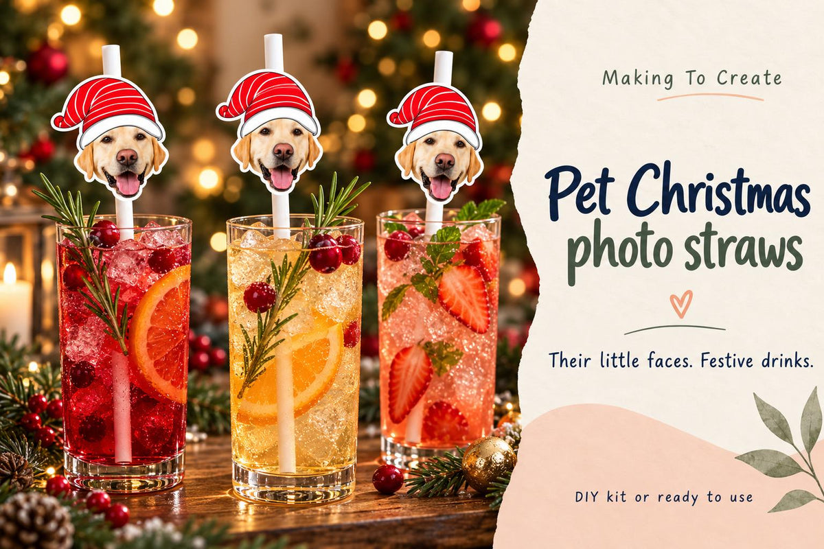 Personalised pet christmas photo head straws on white paper straws in tall drinks glasses, with Making To Create product wording.