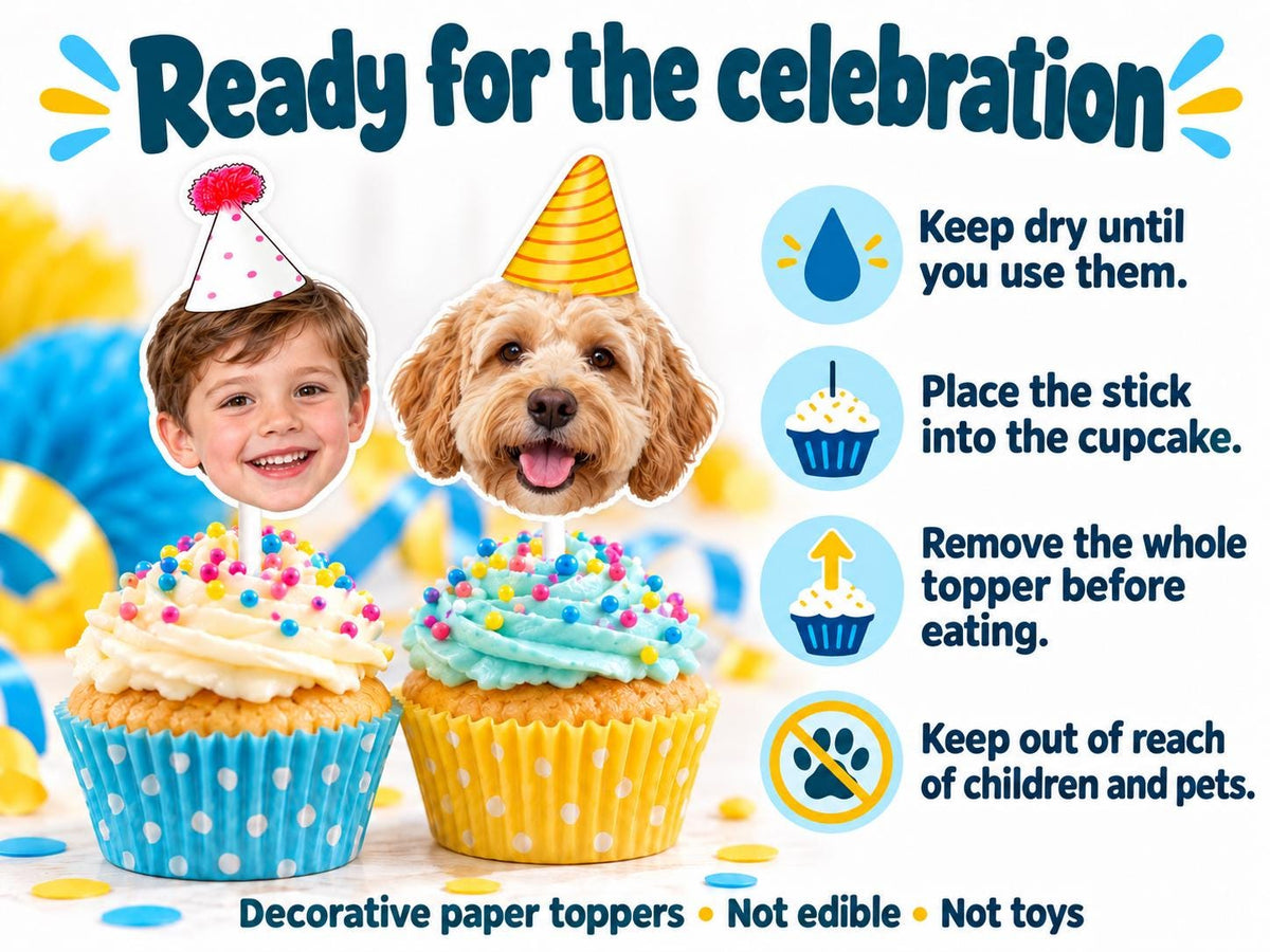 Personalised First Birthday Photo Cupcake | Toppers, Baby Face Party Decorations on White Sticks
