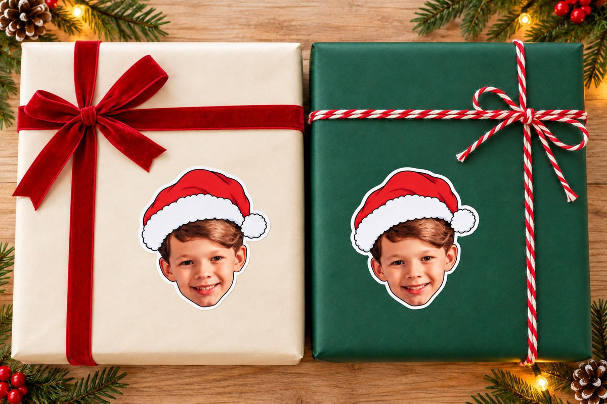 Personalised Christmas Photo Stickers | Santa Hat Face Gift Labels for Family and Pet Presents