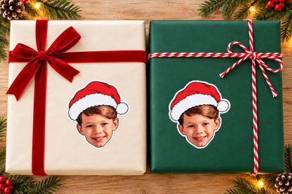 Personalised Christmas Photo Stickers | Santa Hat Face Gift Labels for Family and Pet Presents