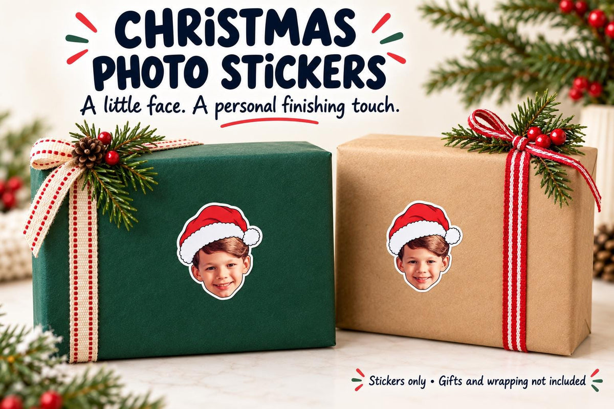 Personalised Christmas Photo Stickers | Santa Hat Face Gift Labels for Family and Pet Presents