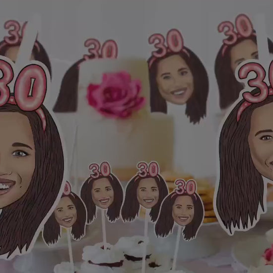 Printable decorations, 30th birthday Party, drawing from photo, custom Cupcake Toppers, happy birthday banner, personalised gift,