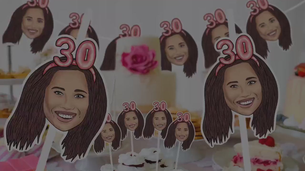Printable decorations, 30th birthday Party, drawing from photo, custom Cupcake Toppers, happy birthday banner, personalised gift,