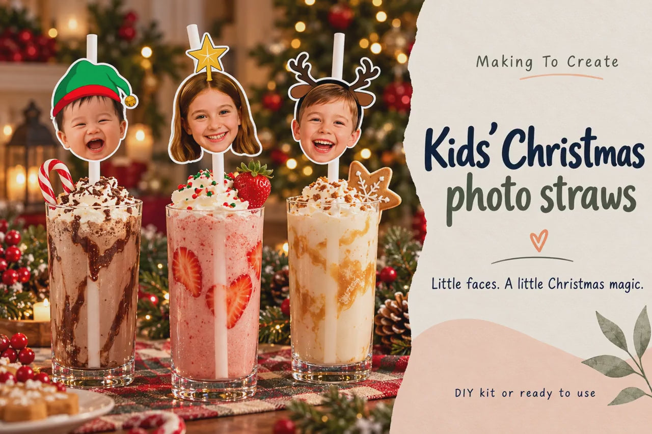 Personalised Kids Christmas Party Straws | Custom Face Toppers, Festive Drink Decorations, Xmas Holiday Party Favours