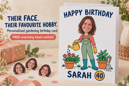 Personalised Gardening Birthday Card | with Photo Head & Name