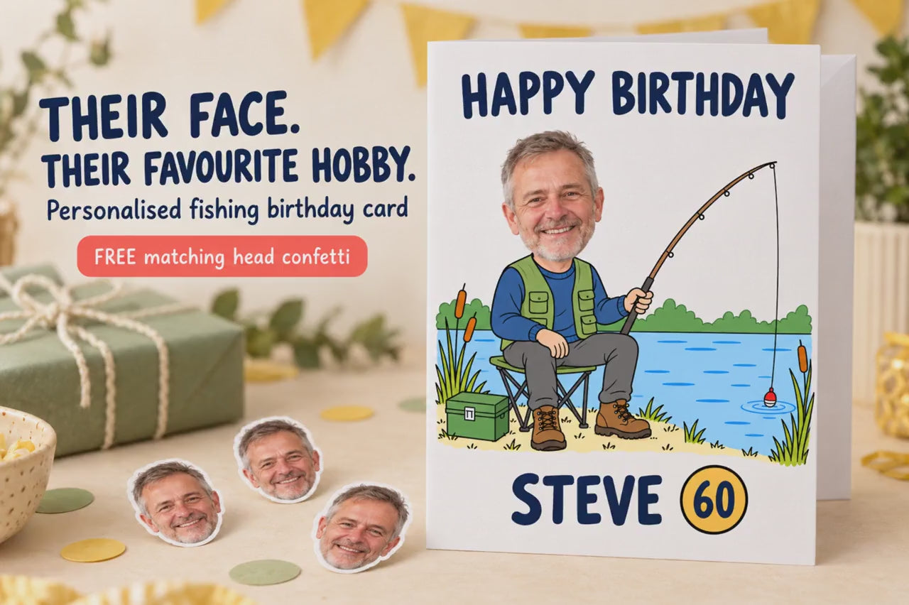 Personalised Fishing Birthday Card | with Photo Head & Name