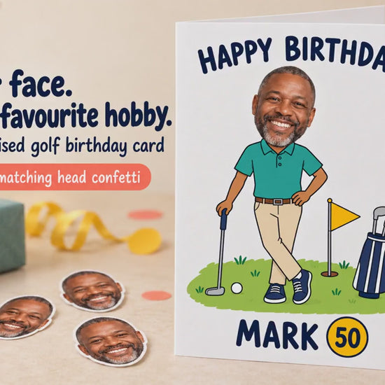 Personalised Golf Birthday Card with Photo Head & Name