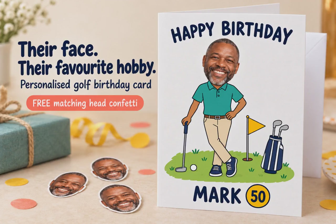 Personalised Golf Birthday Card with Photo Head & Name